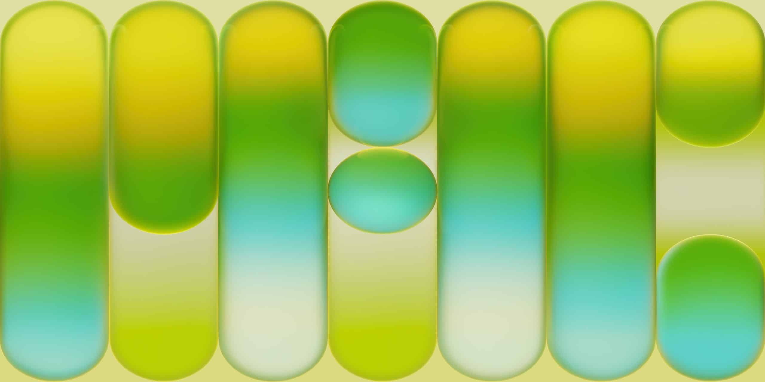 Abstract image featuring vertical, rounded rectangles and one central circle in gradients of green, yellow, and blue against a light, pale background. The shapes are evenly spaced, creating a harmonious, modern pattern.