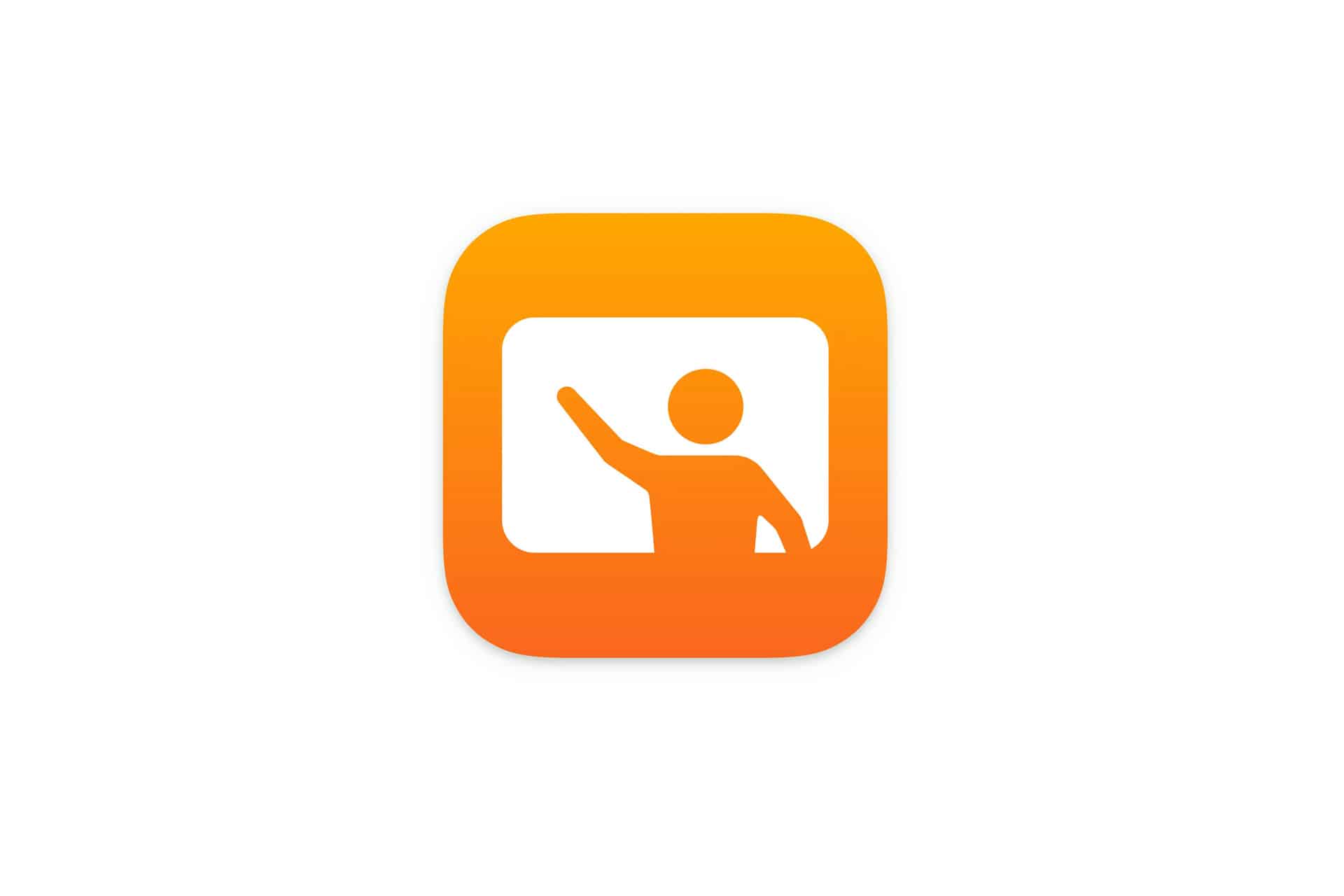 An orange rounded square icon with a white silhouette of a person raising one arm, standing in front of a rectangular board, representing classroom teaching or computer-based presentations.