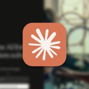 An orange rounded square with a white asterisk-like symbol is centered over a blurred website background featuring text, the Apple logo, and hints of the recent Claude App Store Surge.