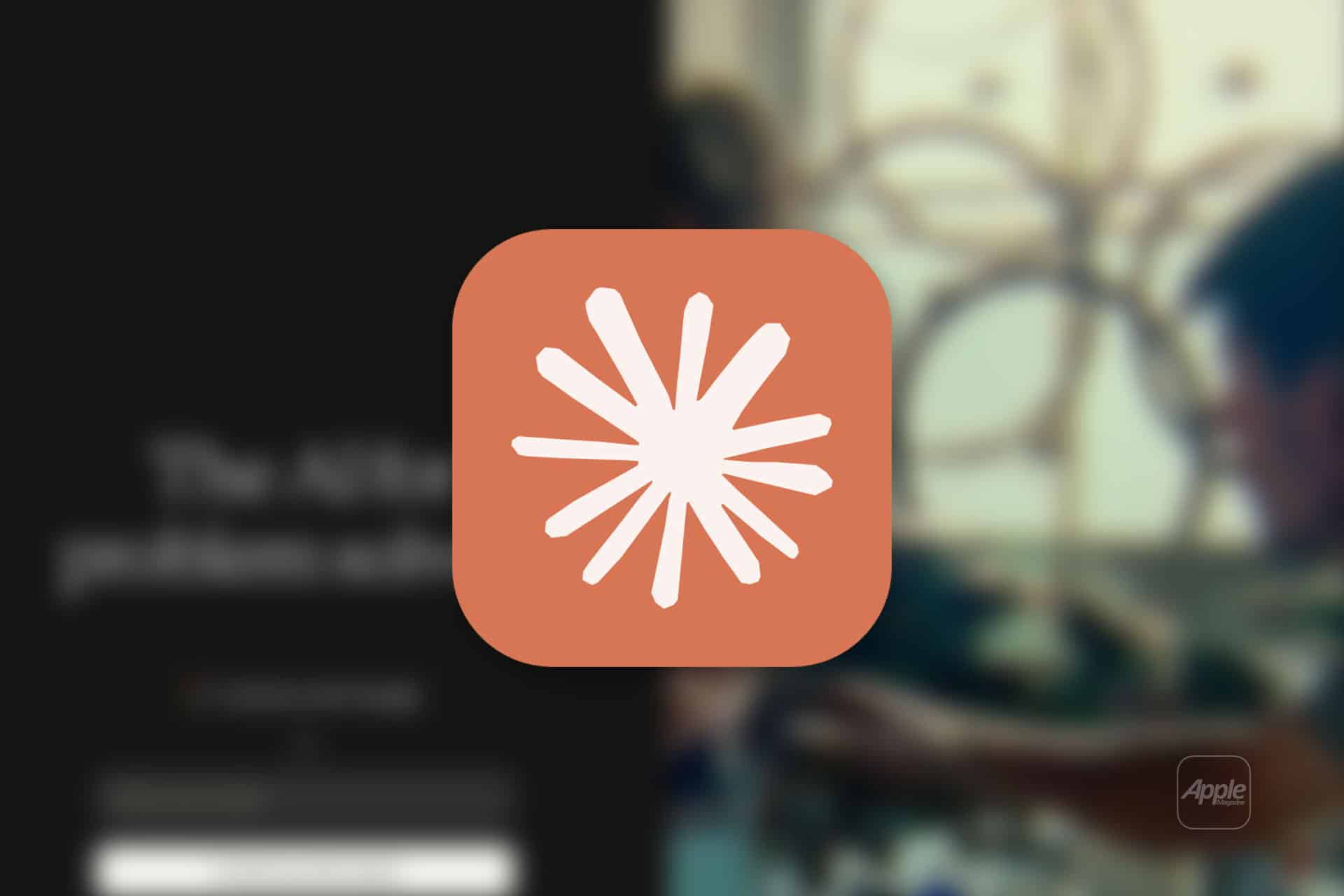An orange rounded square with a white asterisk-like symbol is centered over a blurred website background featuring text, the Apple logo, and hints of the recent Claude App Store Surge.