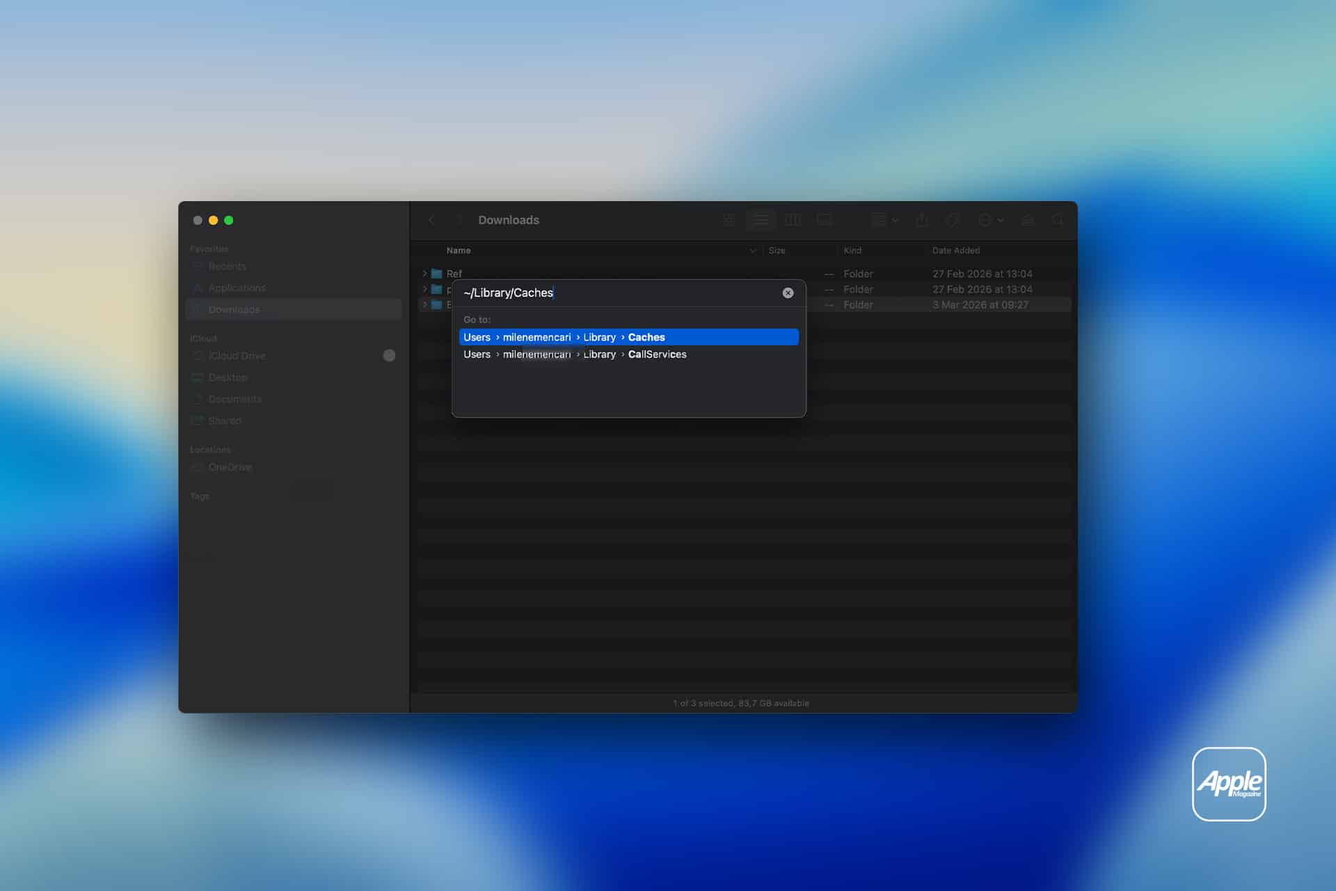 A Mac Finder window shows a search for “_library/Caches” to assist with Mac Storage Cleanup, with file path suggestions highlighted. The background is blurred blue and white, featuring an Apple logo in the lower right corner.