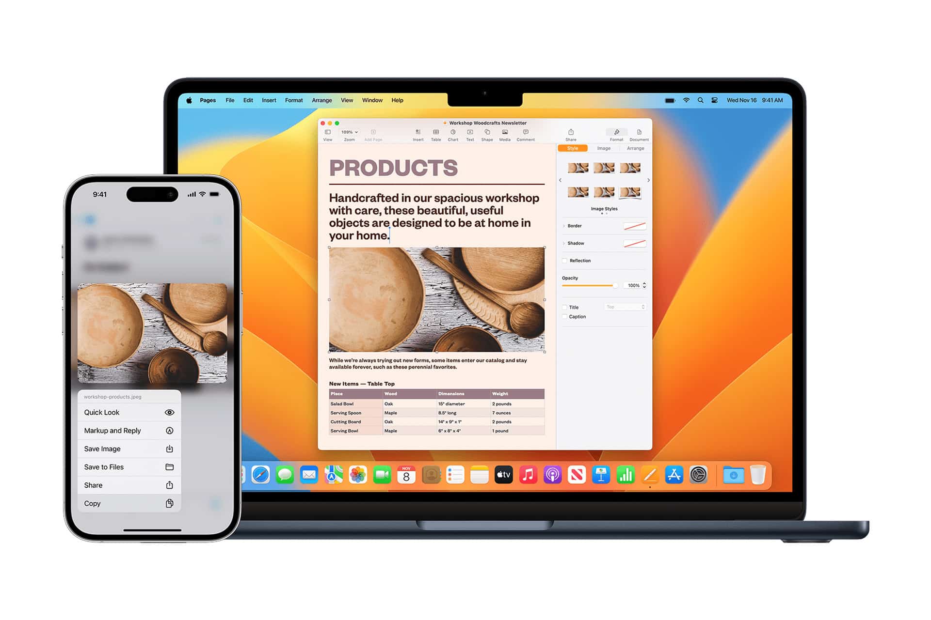 A smartphone and a laptop display the same document about handcrafted wooden products, demonstrating seamless integration and Clipboard History between devices. The laptop screen features an image and formatted text.