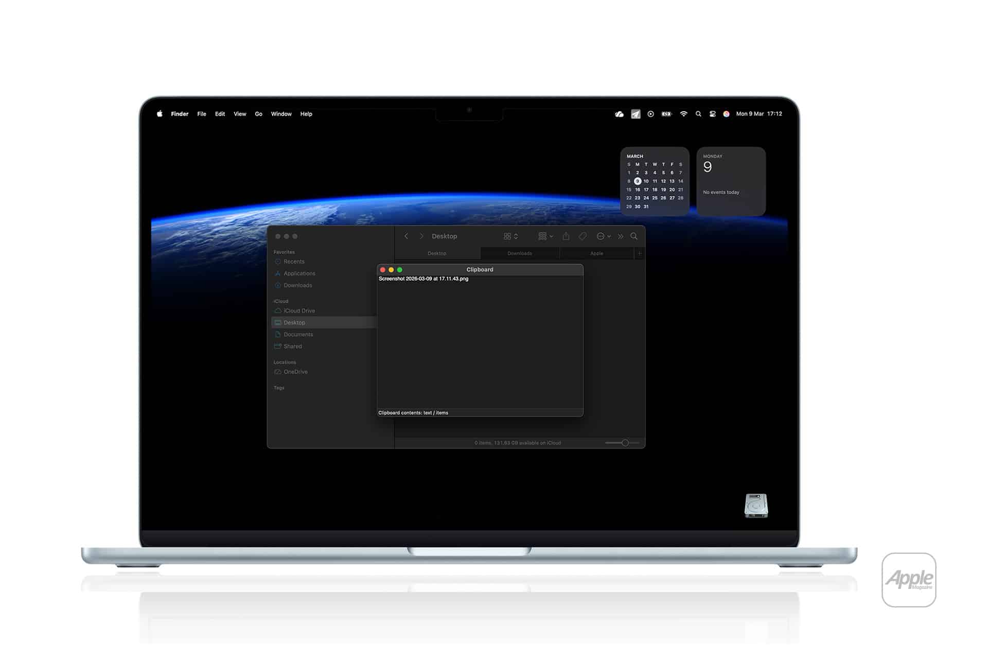 A laptop screen displays a dark-themed desktop with an open Finder window, a calendar widget, and a note titled "Clipboard History" in the center. The desktop wallpaper shows a view of Earth from space.