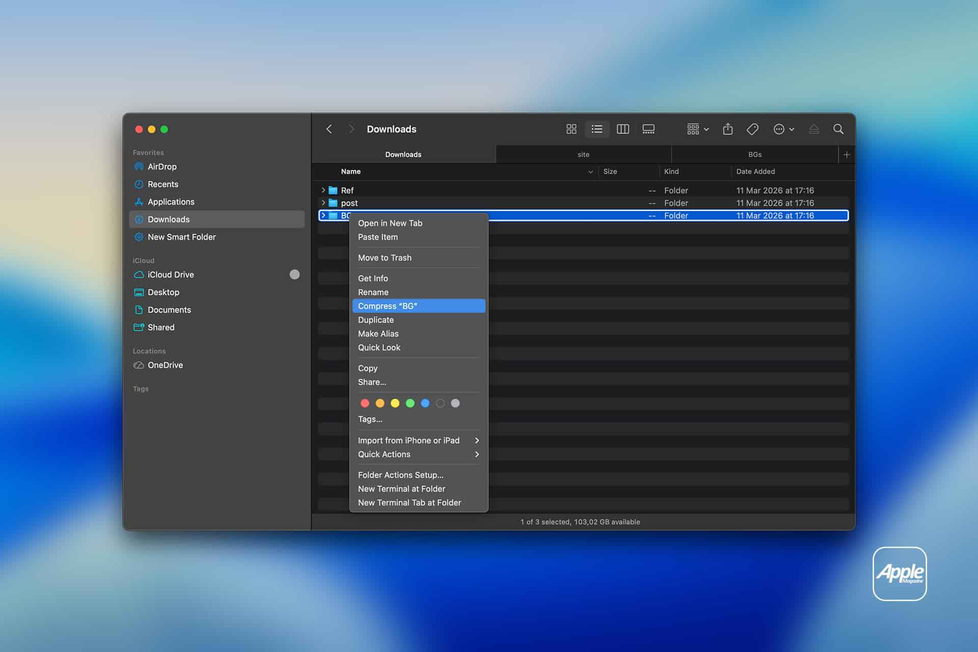 A Mac Finder window shows the Downloads folder with a folder named "ISO" selected. The context menu highlights “Compress 'ISO',” illustrating Mac File Compression features. The Apple logo appears in the bottom right corner.
