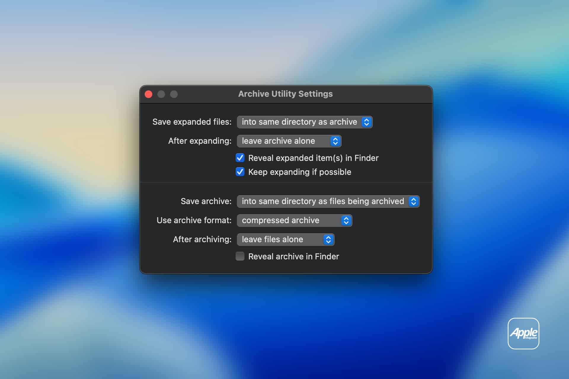 Screenshot of the Archive Utility Settings window on a Mac, highlighting Mac File Compression options for saving, expanding, and archiving files. Toggles and dropdown menus are shown over a blurred blue background with an Apple logo in the bottom right corner.