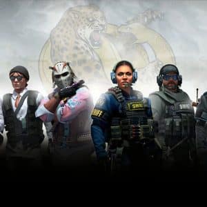 A lineup of eight diverse, armed characters in tactical gear stands facing forward, with a faded image of a jaguar and snake fighting behind them—perfect for fans interested in Case Battle or Exchange CS2 Skins. The group mixes law enforcement and civilian fighters.