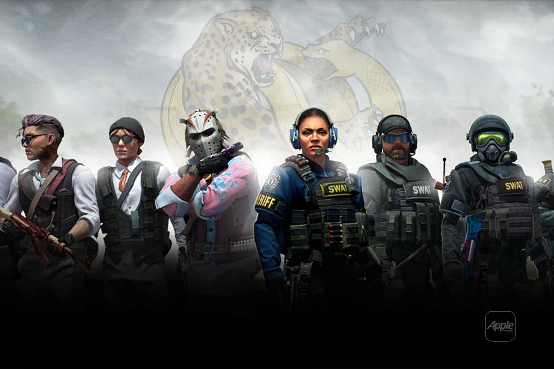 A lineup of eight diverse, armed characters in tactical gear stands facing forward, with a faded image of a jaguar and snake fighting behind them—perfect for fans interested in Case Battle or Exchange CS2 Skins. The group mixes law enforcement and civilian fighters.
