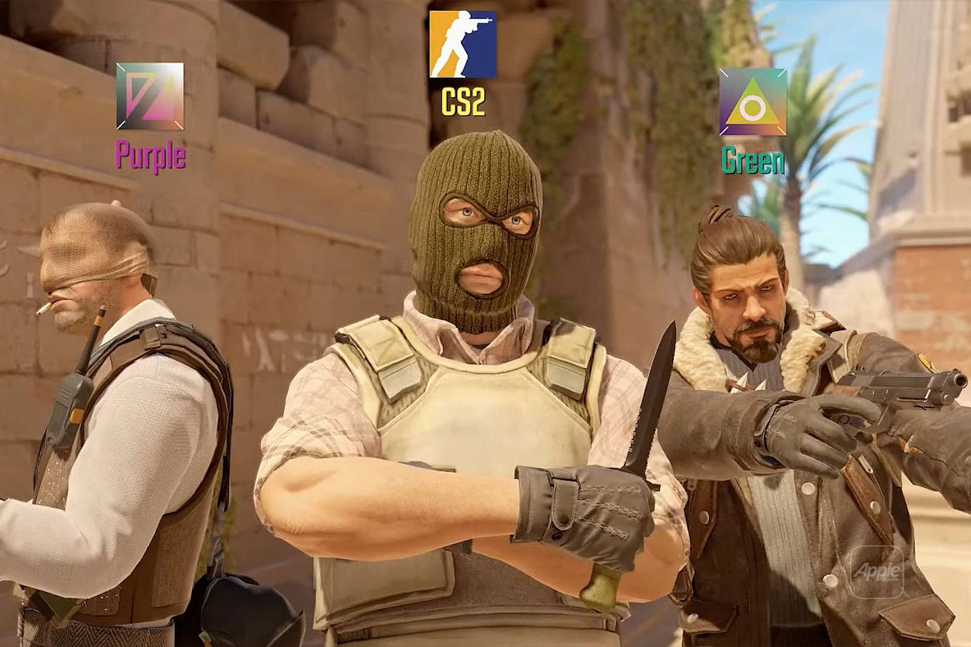 Three video game characters stand together: one in a brown mask on the left ("Purple"), one in a green ski mask and vest in the center ("CS2"), ready for a Case Battle, and one with a beard and knife on the right ("Green").