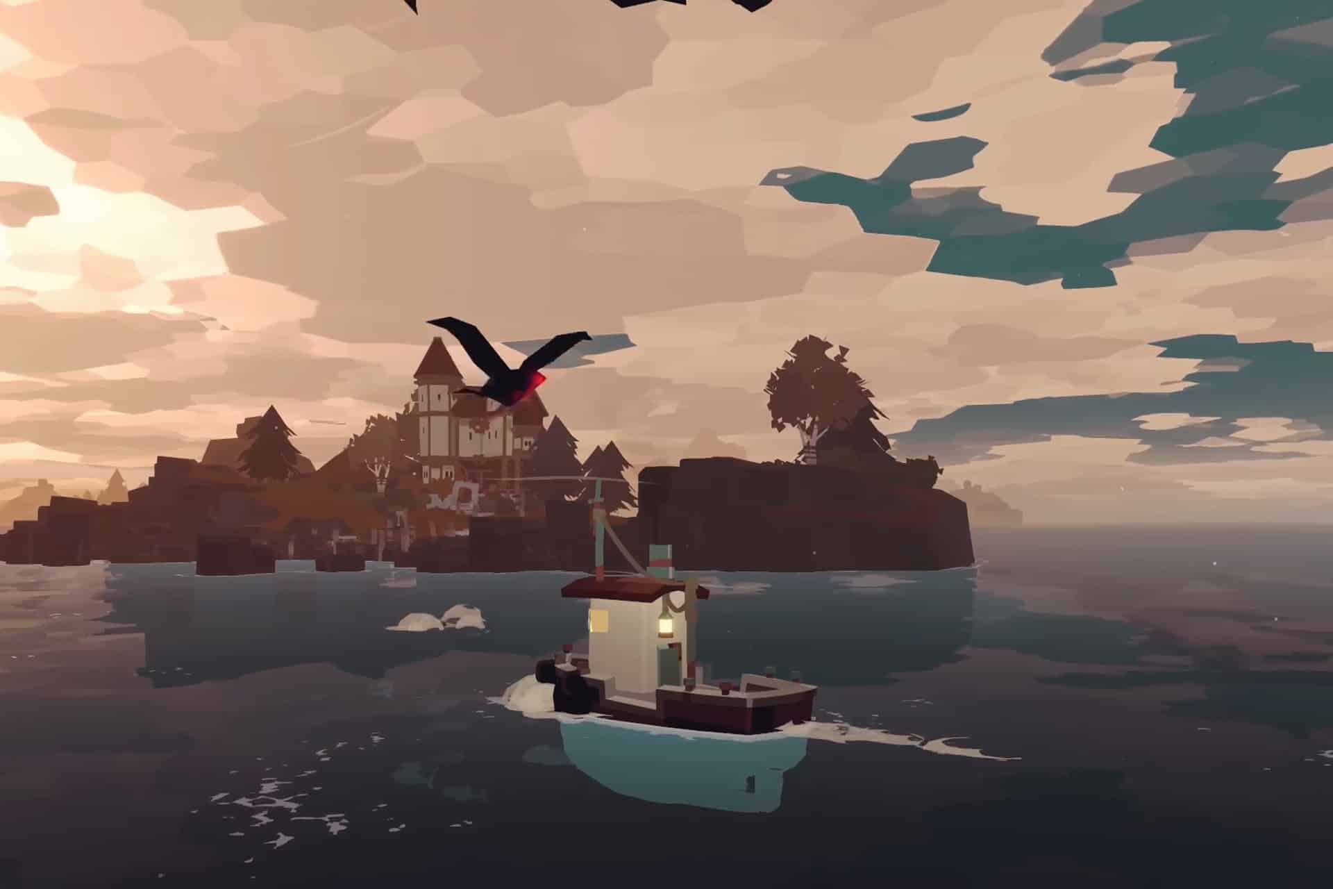 A small fishing boat sails toward an island with a large house and trees at sunset in this Apple Arcade April Games-inspired scene. A large black bird with red markings flies overhead, as dramatic clouds reflect on the water.