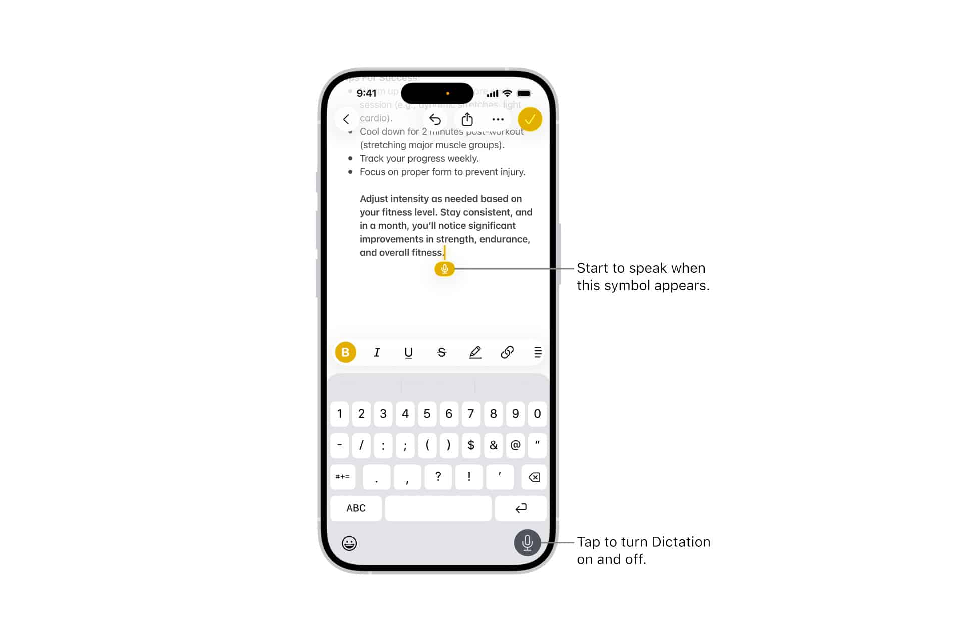 iOS dictation setup - A smartphone screen shows a note-taking app with text. Labels highlight how to use iPhone Keyboard Dictation, pointing to a microphone symbol above the keyboard and a button on the keyboard to turn dictation on or off.