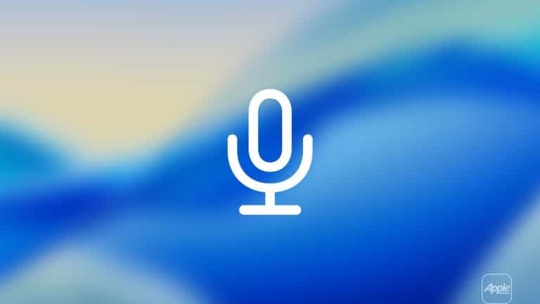 A white microphone icon is centered on a blue and light yellow blurred background, evoking iPhone Keyboard Dictation. In the lower right corner, there is a translucent button with the Apple logo and text.