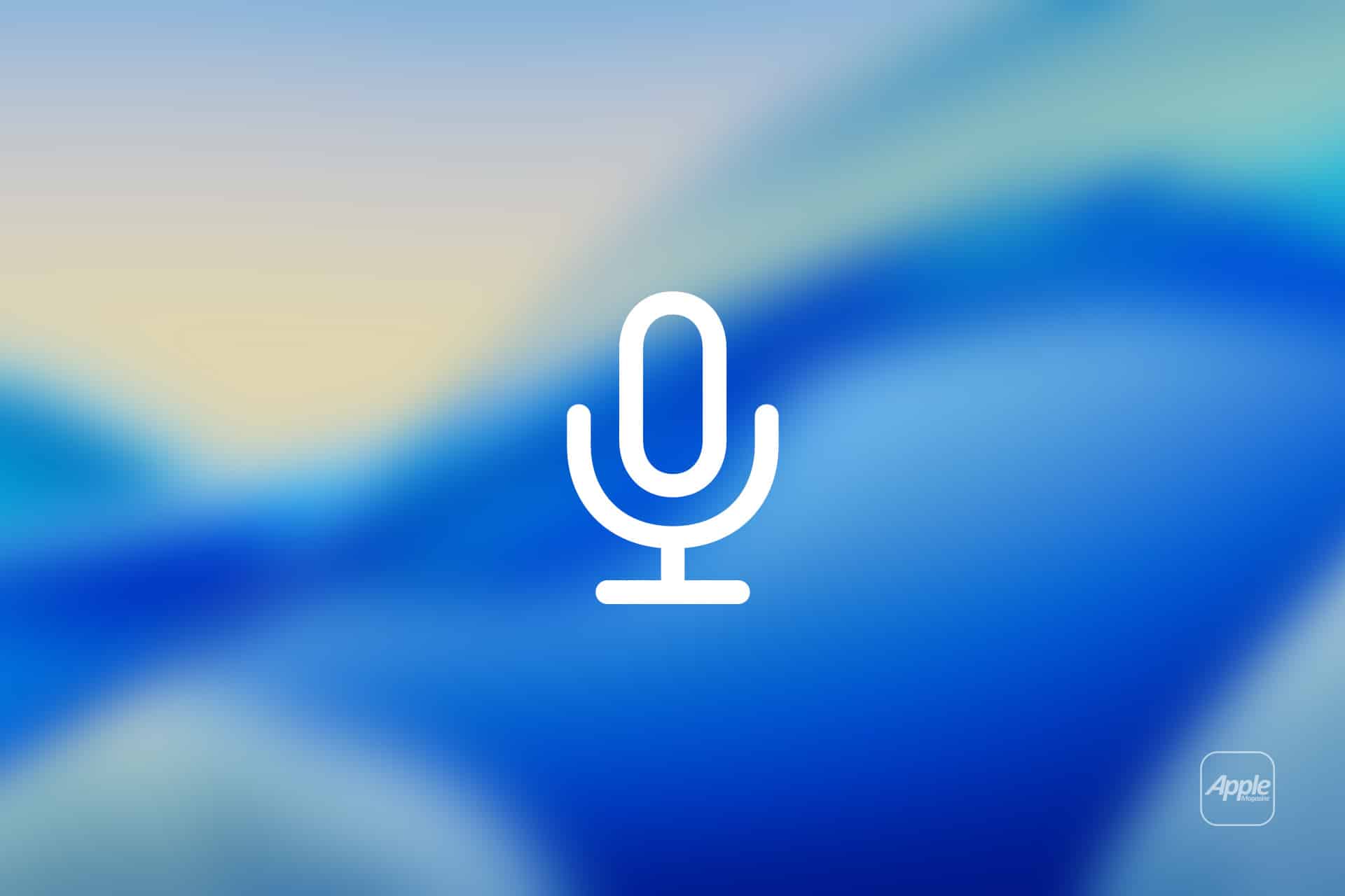 A white microphone icon is centered on a blue and light yellow blurred background, evoking iPhone Keyboard Dictation. In the lower right corner, there is a translucent button with the Apple logo and text.