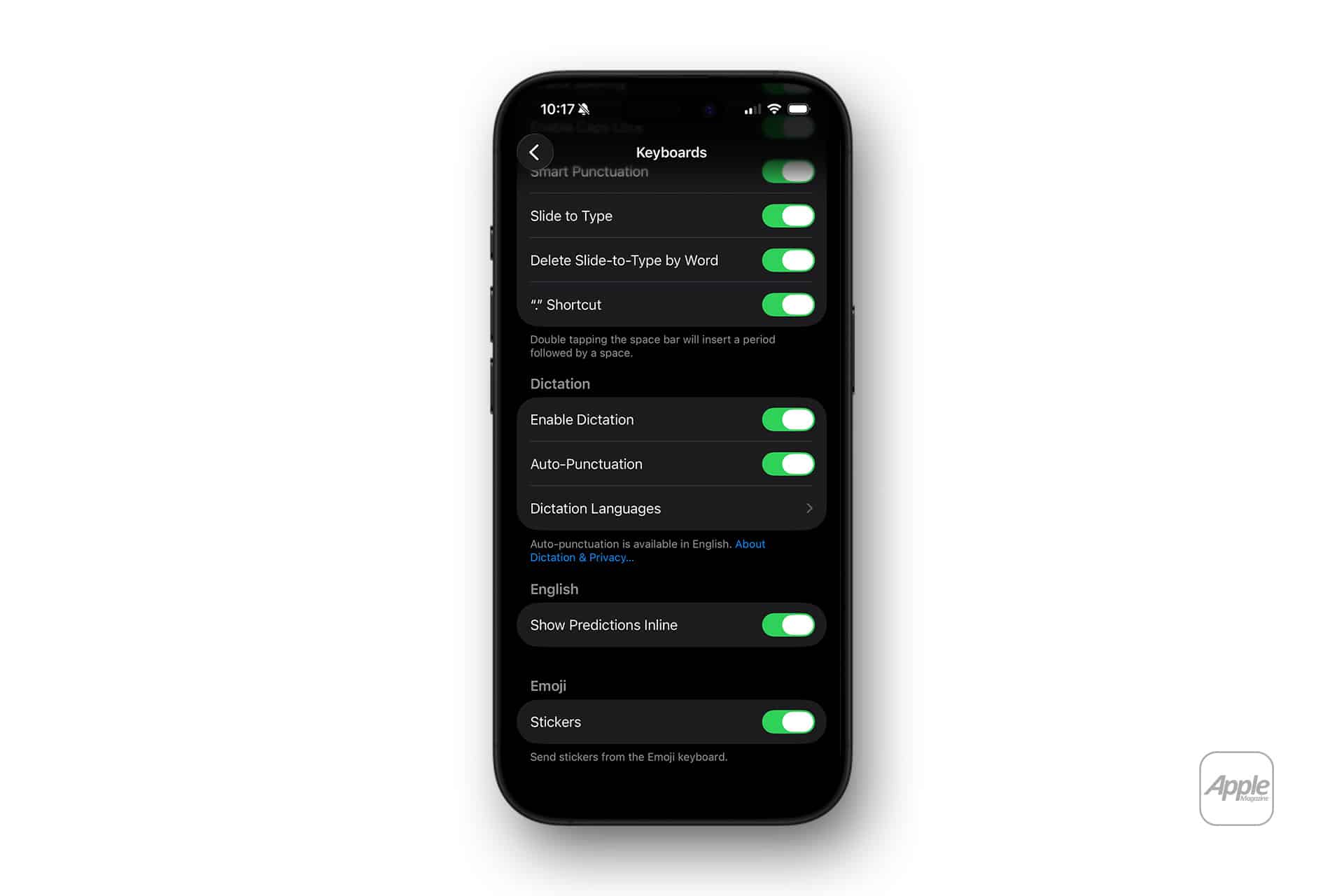 A smartphone displays iPhone Keyboard Dictation settings in dark mode, with options like Smart Punctuation, Slide to Type, Auto-Punctuation, and Stickers toggled on. The screen features an Apple logo in the bottom right corner.