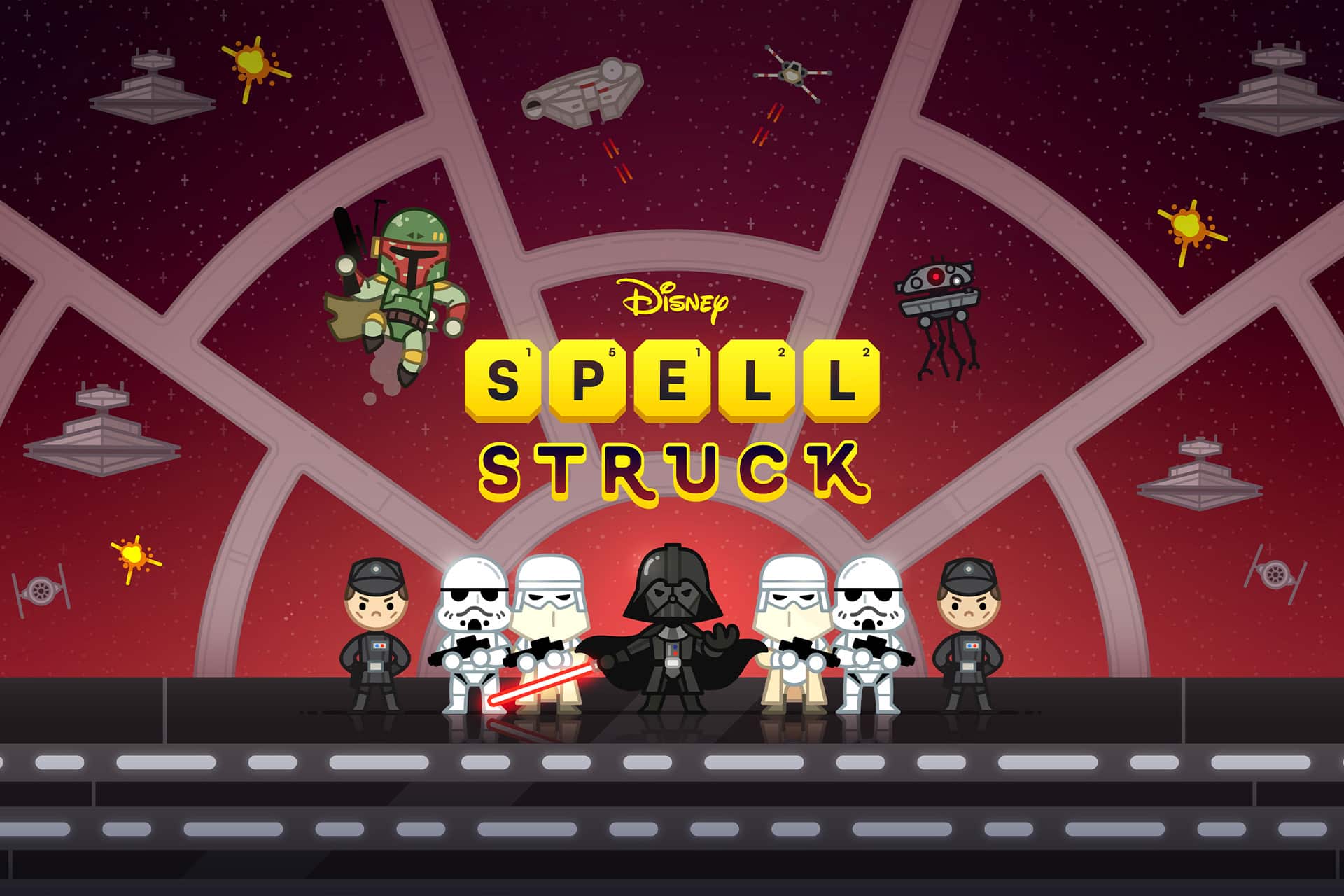 Cartoon Star Wars characters, including Darth Vader, stormtroopers, and Boba Fett, stand on a spaceship bridge. "Disney Spell Struck"—one of the Apple Arcade April Games—is written in yellow blocks above them with a starry space background.