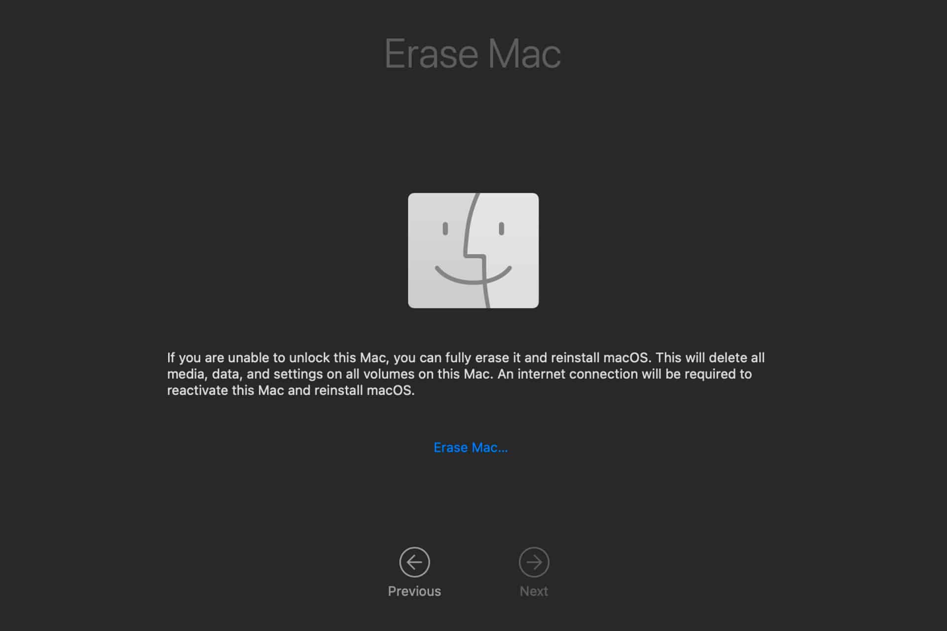 A computer screen displays the "Erase Mac" window with a large Finder icon, explanatory text about erasing the Mac or performing a Mac Password Reset, and options for "Erase Mac...," "Previous," and "Next" at the bottom.