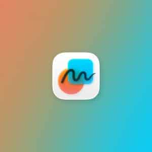A rounded square icon with a wavy black line over blue and orange shapes appears centered on a gradient background of brown, green, and blue hues, highlighting Freeform board sharing. The Apple logo and text are in the bottom right corner.