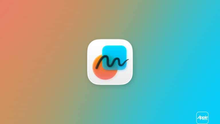 A rounded square icon with a wavy black line over blue and orange shapes appears centered on a gradient background of brown, green, and blue hues, highlighting Freeform board sharing. The Apple logo and text are in the bottom right corner.