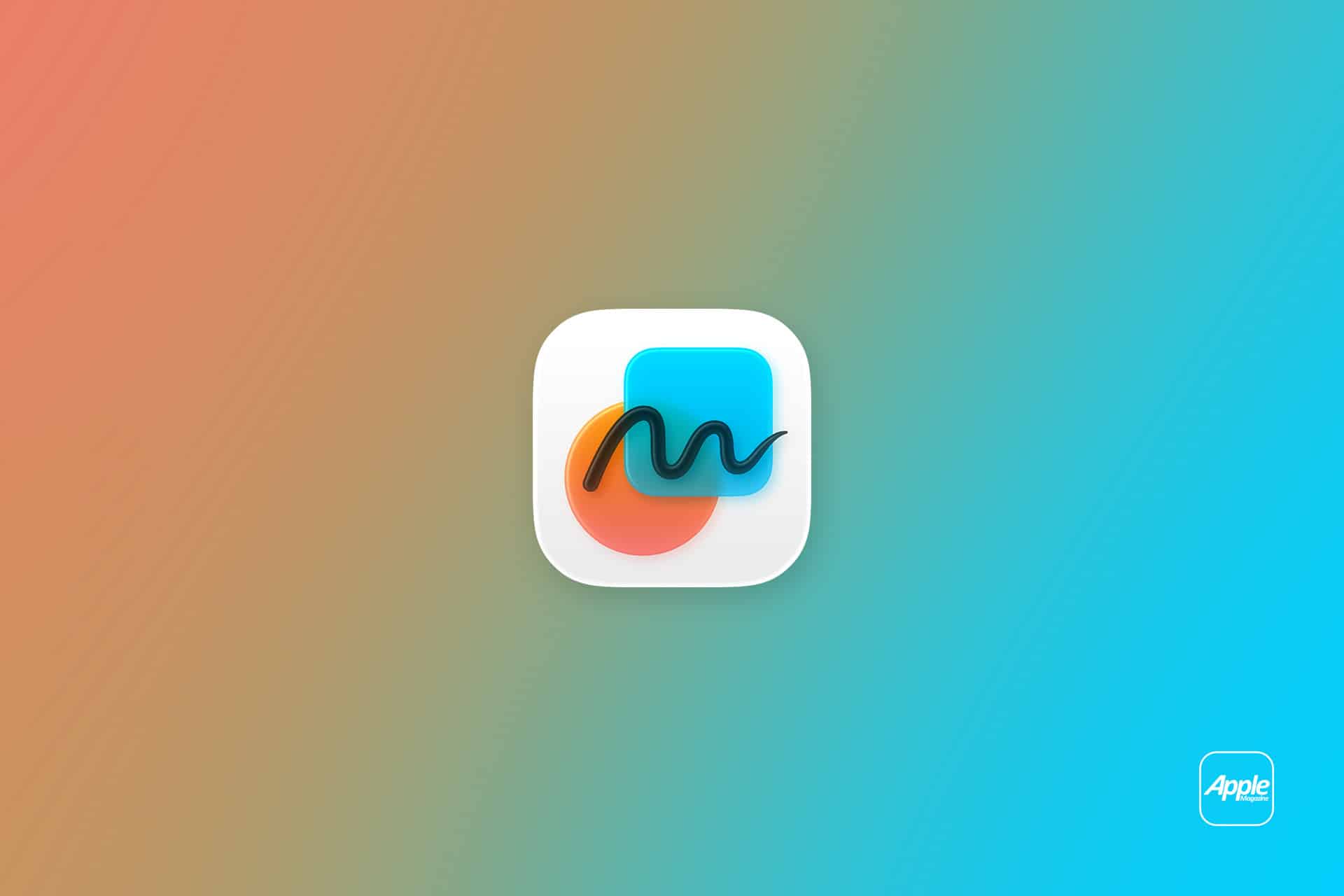 A rounded square icon with a wavy black line over blue and orange shapes appears centered on a gradient background of brown, green, and blue hues, highlighting Freeform board sharing. The Apple logo and text are in the bottom right corner.