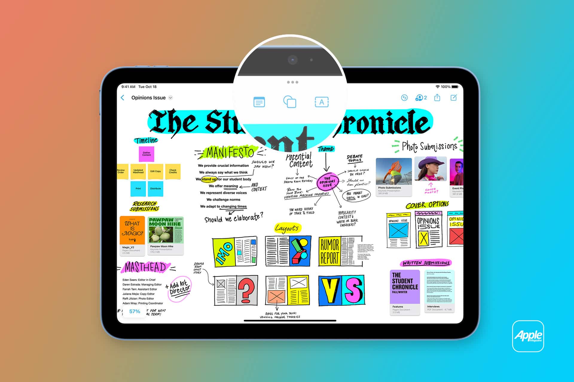 An iPad screen displays a colorful, illustrated digital newspaper layout with text boxes, graphics, and diagrams. A magnified section highlights icons for sharing, collaboration, and Freeform board sharing at the top. Apple logo in corner.