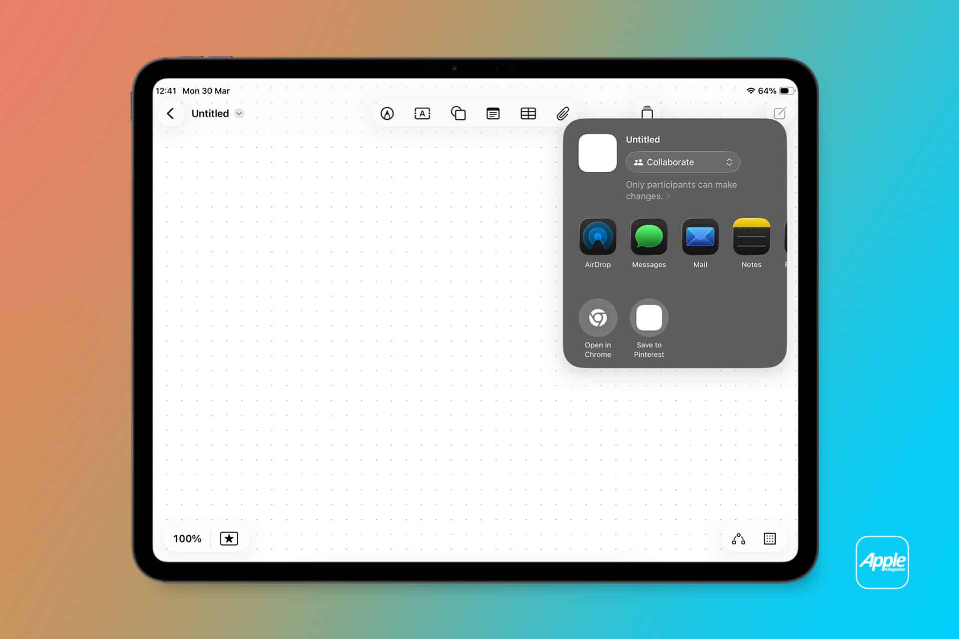 An iPad screen displays a white digital canvas with drawing tools at the top. The sharing menu highlights Freeform board sharing options via AirDrop, Messages, Mail, and more. The Apple logo sits in the bottom right corner.