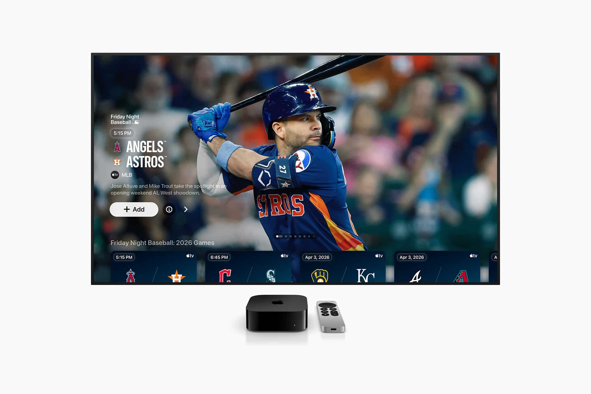 streaming audiences - A TV screen displays a Friday Night Baseball game between the Angels and Astros, with a player at bat. Below the screen are an Apple TV device and remote on a white surface. The screen shows game info and team logos.