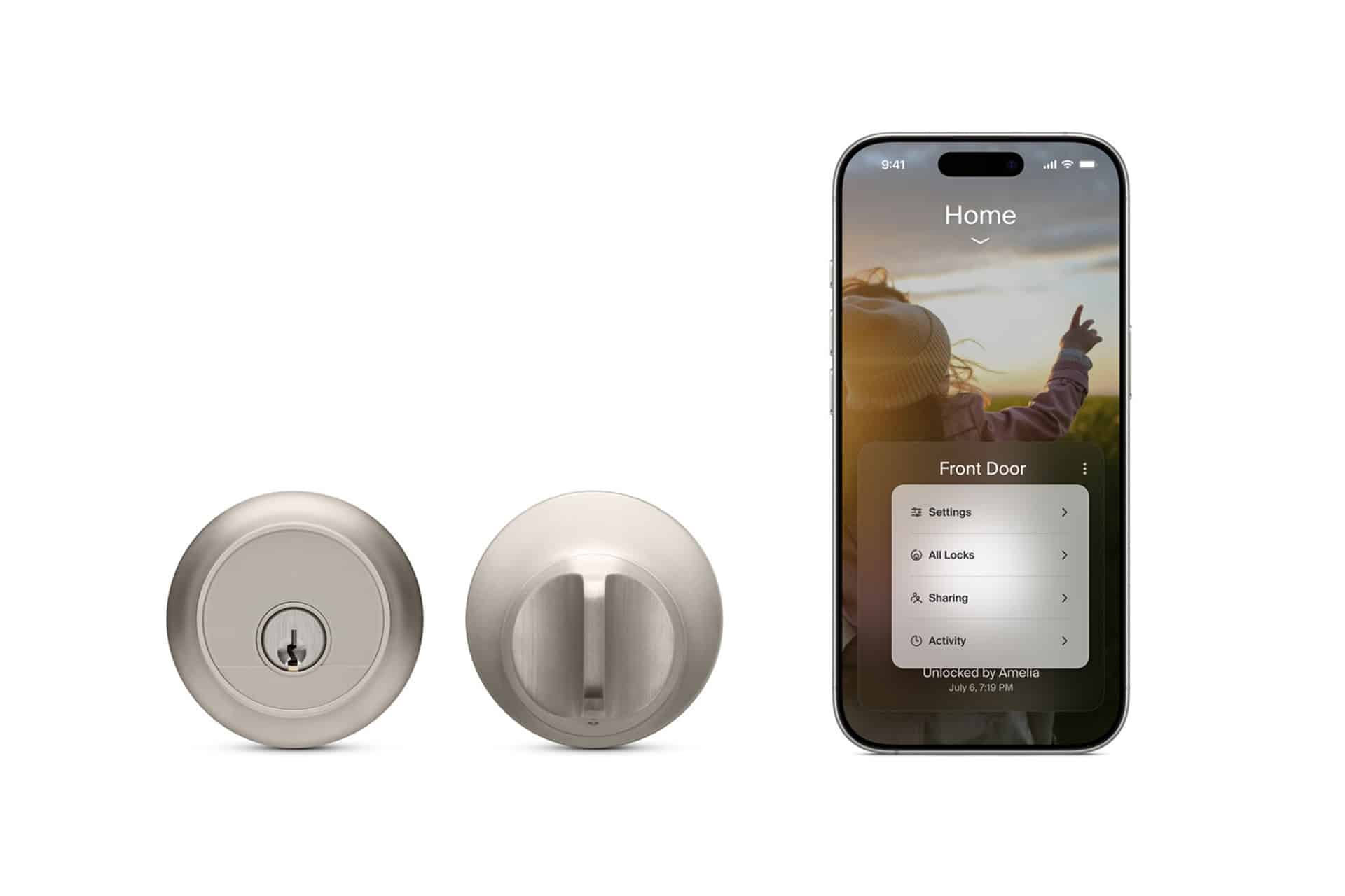 A silver smart deadbolt lock is shown from the front and back next to a smartphone displaying a home screen with door lock controls, status, and HomeKit Door Alerts.