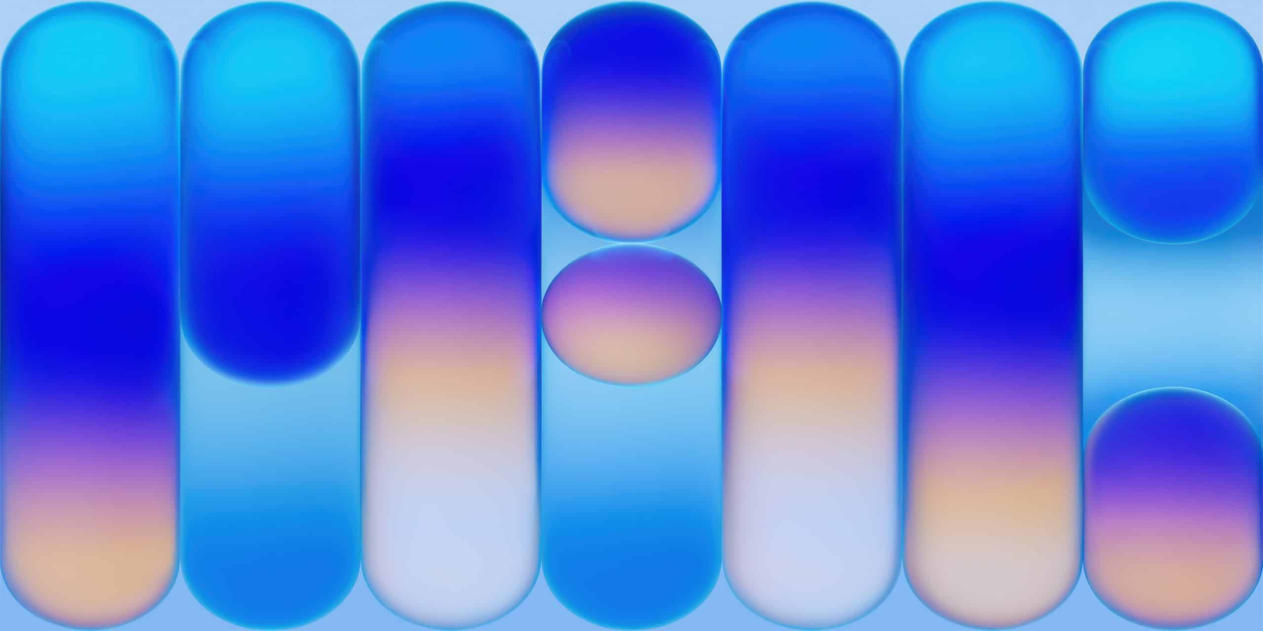 Abstract image with tall, rounded rectangles and ovals in shades of blue, purple, and light peach, arranged in vertical columns on a soft blue background. The shapes have a smooth, gradient, glass-like effect.