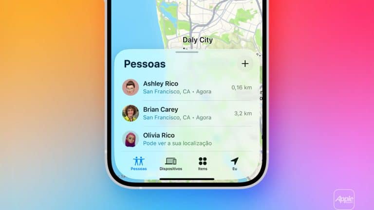 A smartphone screen shows the Apple “Find My” app in Portuguese, displaying iPhone location sharing on a map and a list of three people with their locations in San Francisco, CA and distances from the user.
