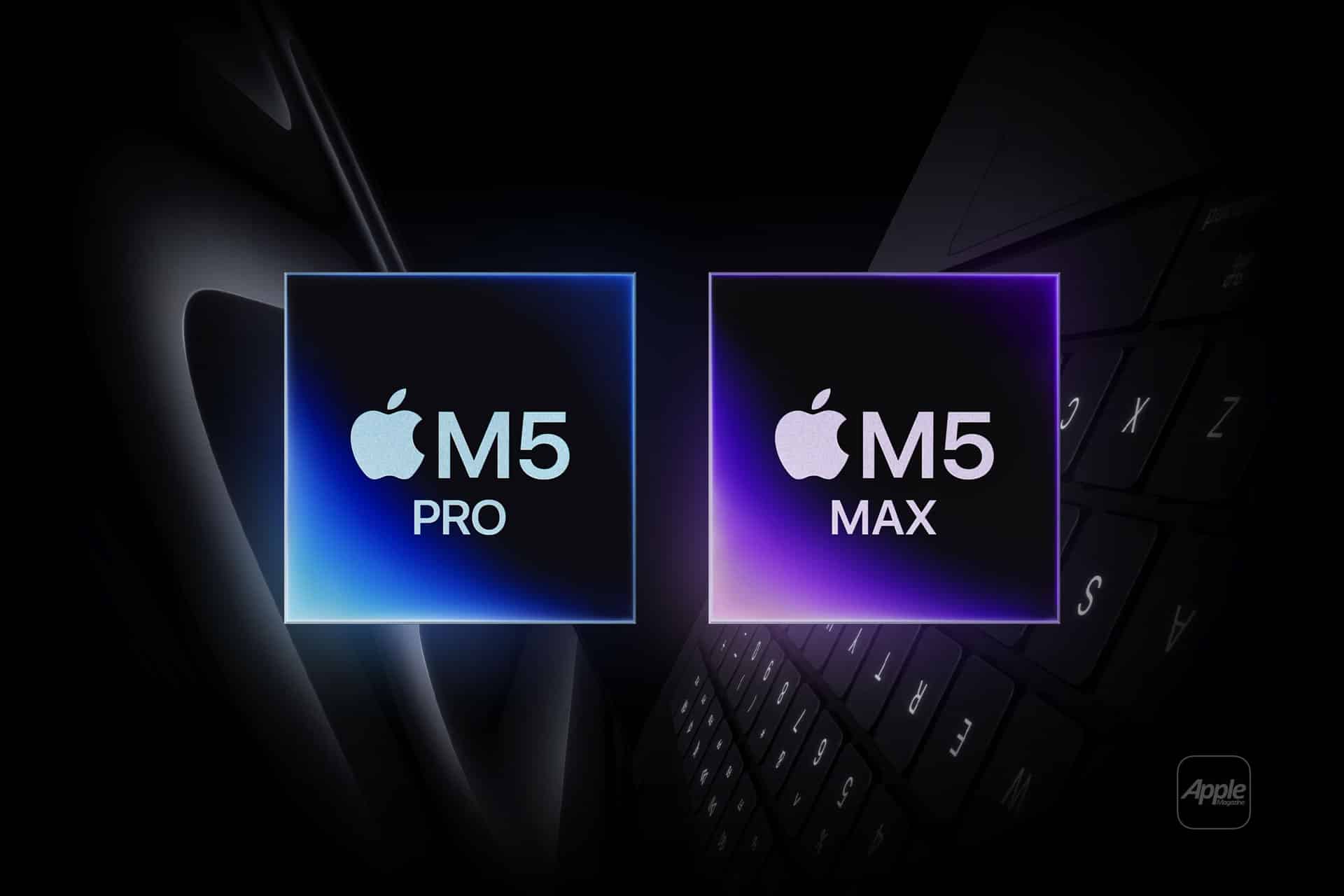 Two square graphics labeled "Apple M5 Pro" and "Apple M5 Max" with gradient blue and purple glows are shown side by side over a dark, partially visible Apple laptop background.