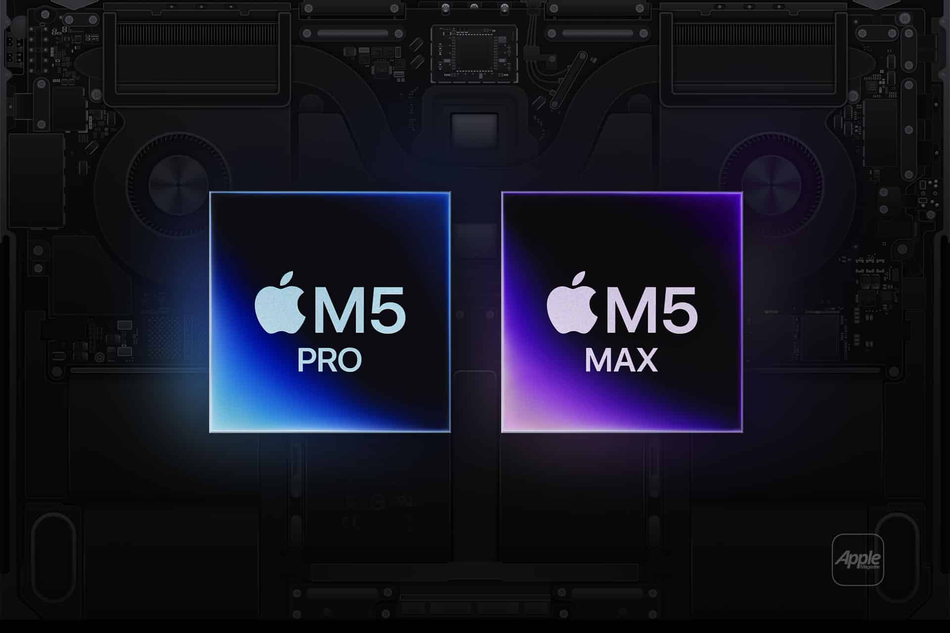 Apple GPU memory - Two glowing squares labeled “M5 Pro” and “M5 Max” with Apple logos are displayed against a dark, partially visible computer motherboard background, highlighting new Apple processor chips.