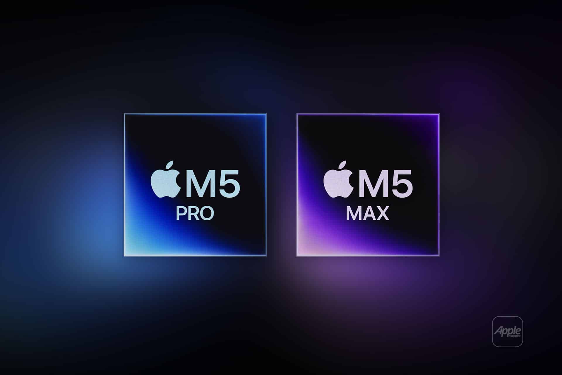 Two glowing squares on a dark background show Apple logos with text: “M5 PRO” in blue tones on the left, and “M5 MAX” in purple tones on the right. A faint Apple logo appears in the bottom right corner.