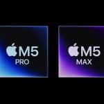M5 Chip - Two square Apple chip illustrations on a black background: one labeled "Apple M5 Pro" with a blue gradient, the other labeled "Apple M5 Max" with a purple gradient.