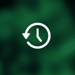 A white clock icon with a backward arrow, symbolizing Mac backup or restore, is centered on a dark green blurred background. The Apple logo appears in the lower right corner.