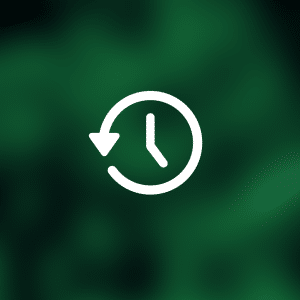 A white clock icon with a backward arrow, symbolizing Mac backup or restore, is centered on a dark green blurred background. The Apple logo appears in the lower right corner.