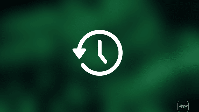 A white clock icon with a backward arrow, symbolizing Mac backup or restore, is centered on a dark green blurred background. The Apple logo appears in the lower right corner.