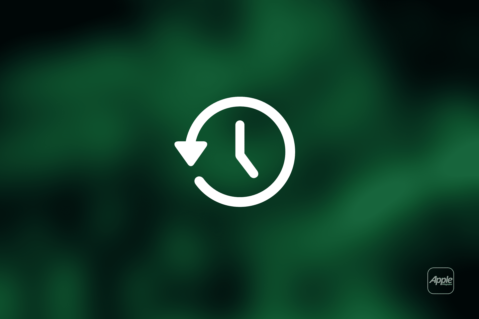 A white clock icon with a backward arrow, symbolizing Mac backup or restore, is centered on a dark green blurred background. The Apple logo appears in the lower right corner.