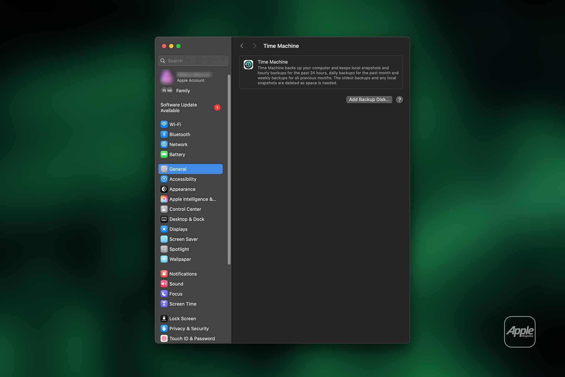 Screenshot of the Time Machine backup settings window on a Mac, highlighting the option to add a Mac backup disk. The left sidebar displays system preferences such as Wi-Fi, Bluetooth, and Battery.