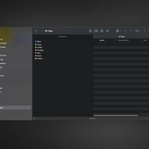 A dark-themed Mac Finder window highlights the "All Tags" section, showcasing colorful Mac Finder Tags in the sidebar and an empty file list to the right. The Apple logo sits neatly in the bottom right corner.
