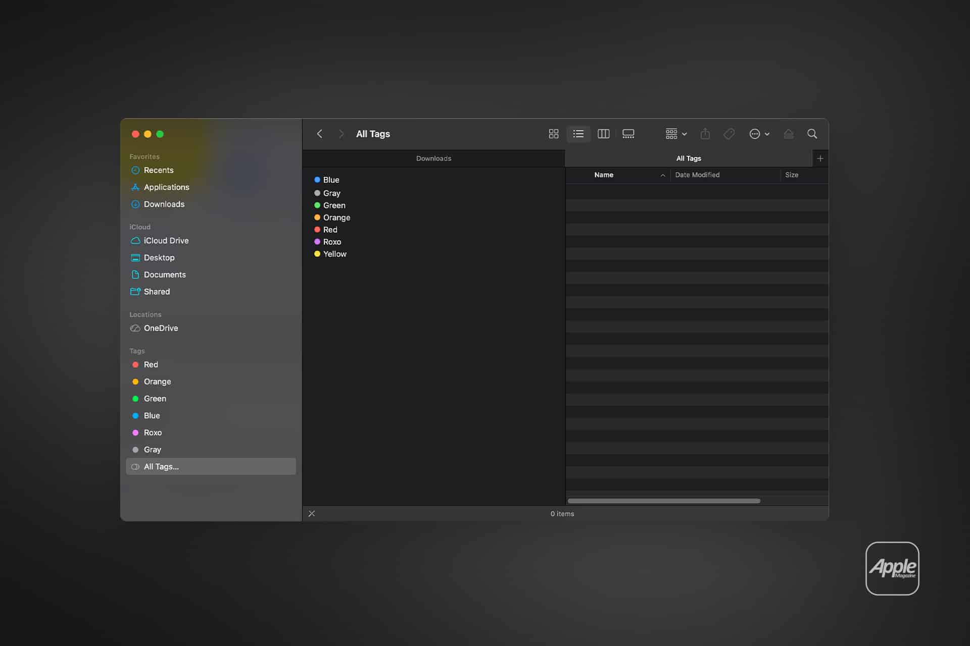 A dark-themed Mac Finder window highlights the "All Tags" section, showcasing colorful Mac Finder Tags in the sidebar and an empty file list to the right. The Apple logo sits neatly in the bottom right corner.