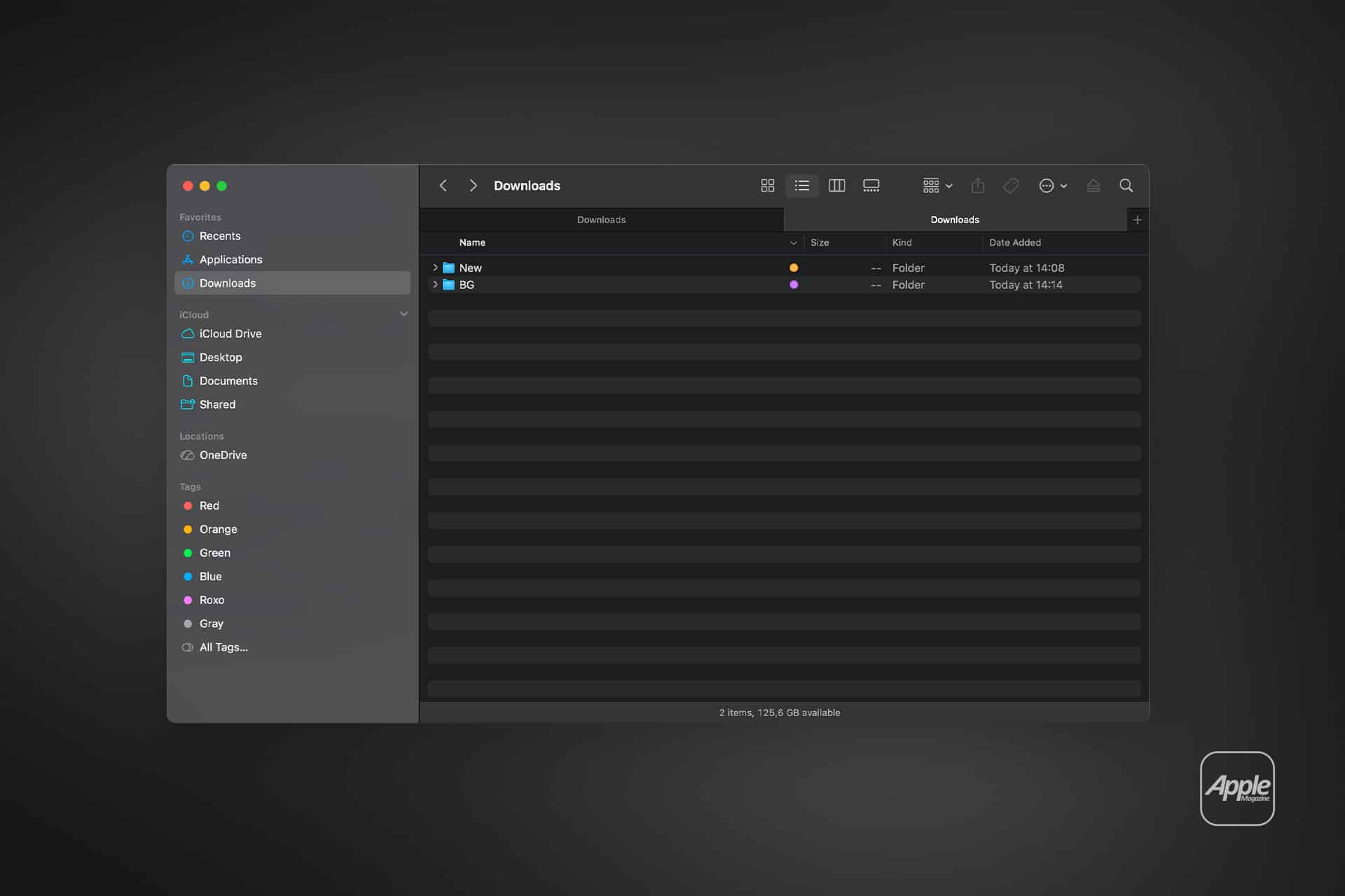 A screenshot of a Mac Finder window in dark mode shows the Downloads folder, featuring Mac Finder Tags and two subfolders labeled "New" and "BG." The Apple logo is visible in the bottom right corner.