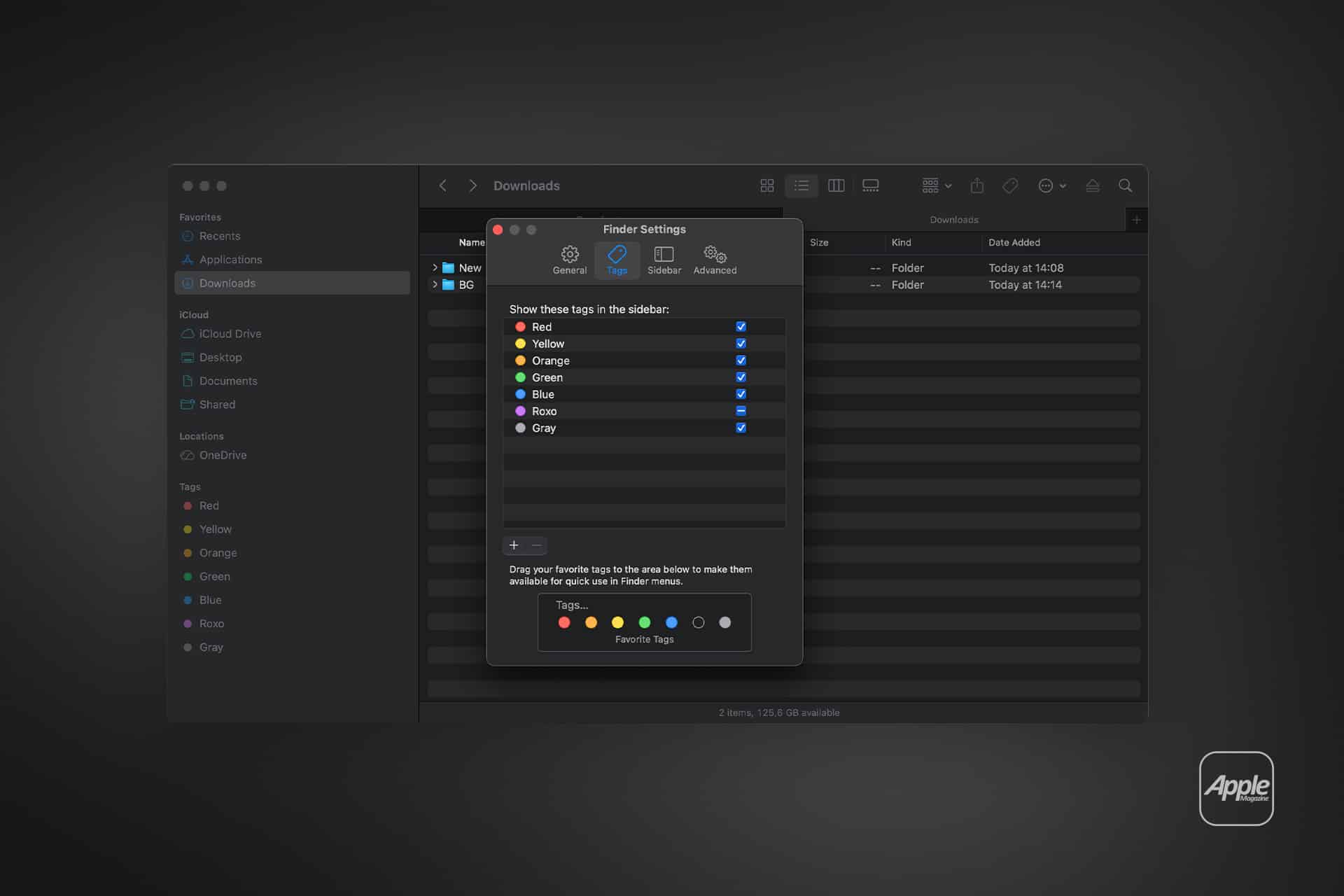 A dark-themed Mac Finder window shows the Finder Settings dialog, featuring options to customize Mac Finder Tags and sidebar tag colors. The Apple logo is in the bottom right corner.