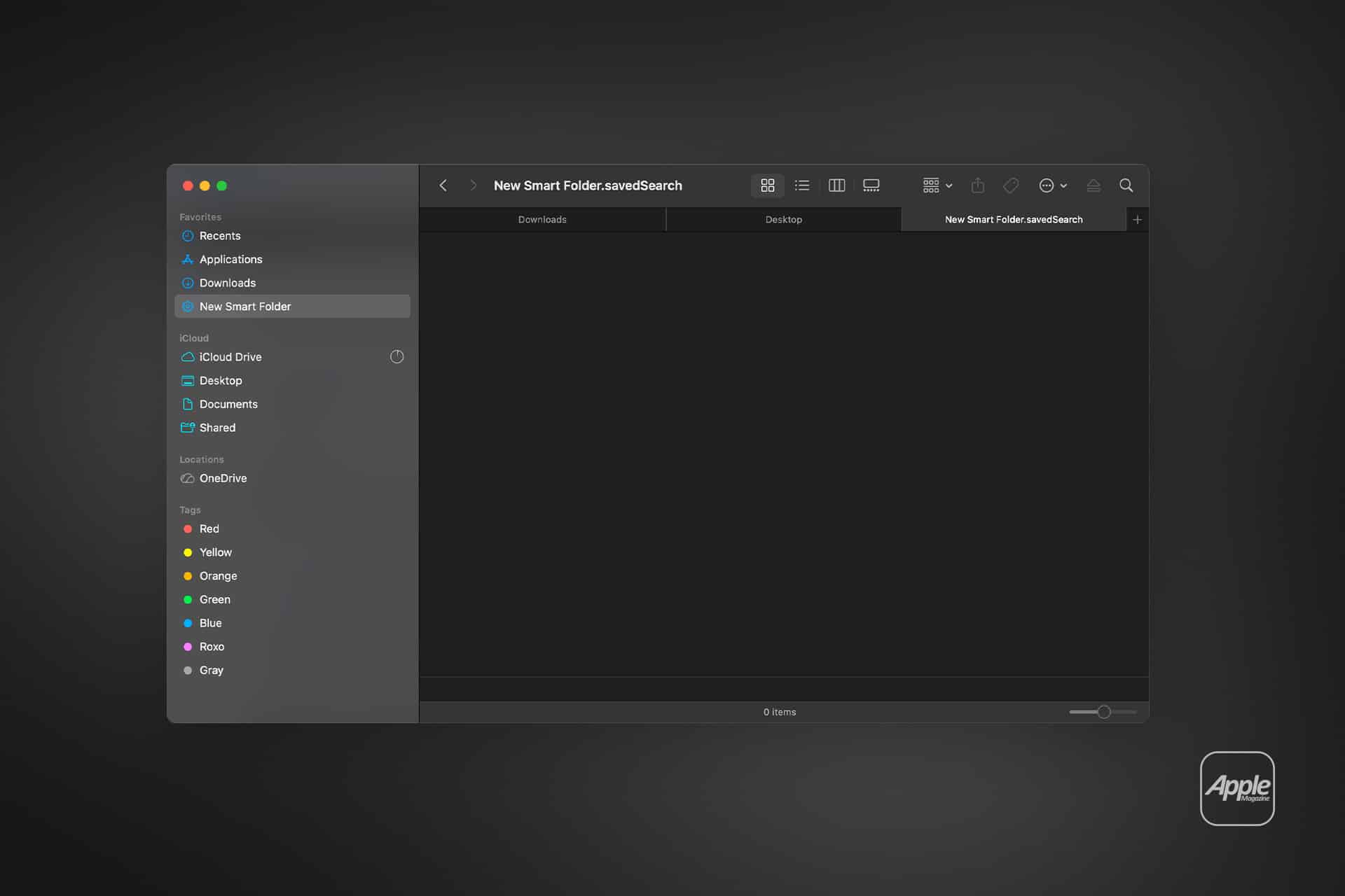 A dark mode Mac Finder window displays a new smart folder with no items, sidebar options like Recents, Applications, and Mac Finder Tags in various colors, along with an Apple logo at the bottom right corner.