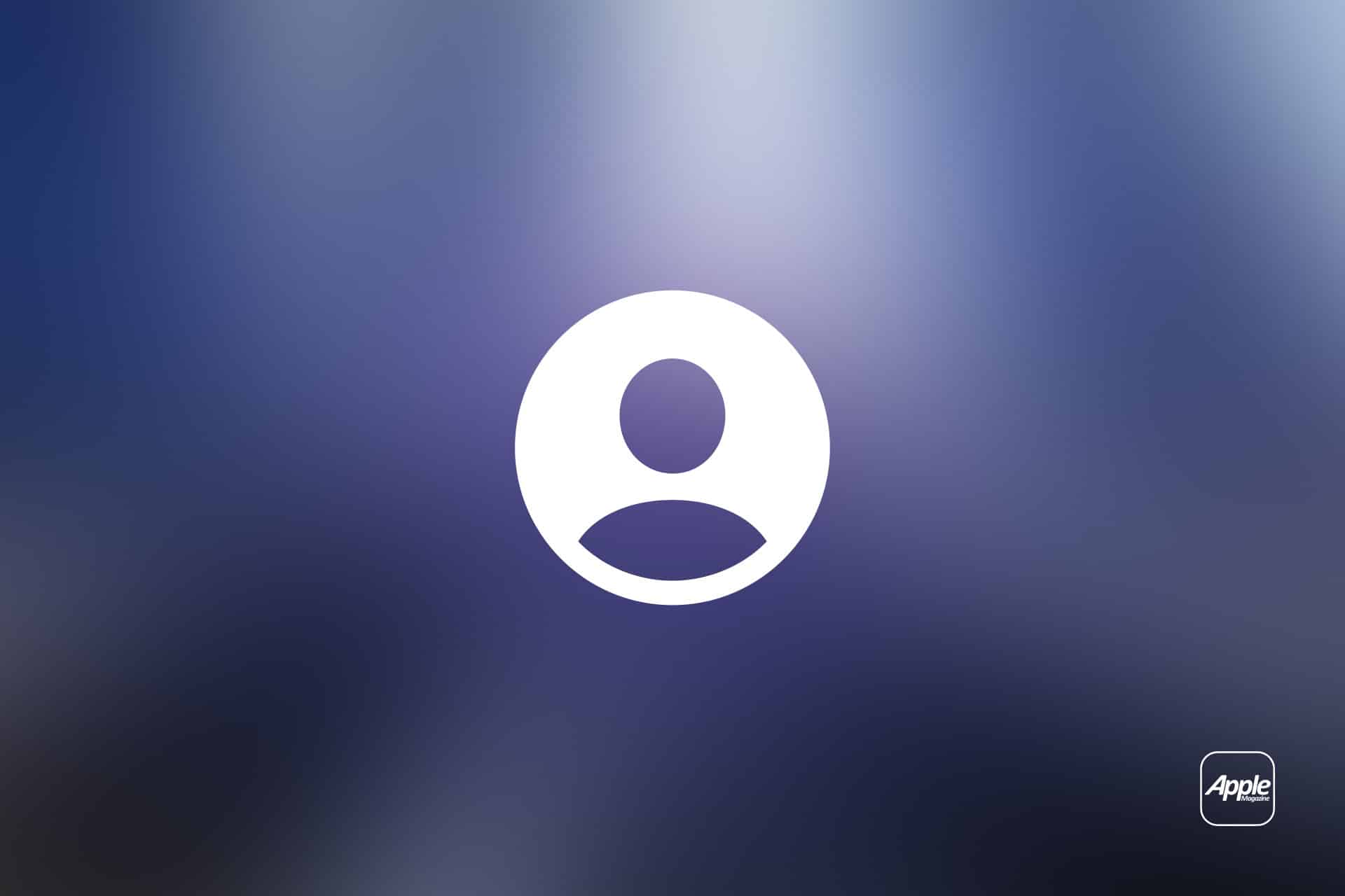 A white user profile icon is centered on a blurred blue and gray background, suggesting a Mac Guest Account. In the bottom right corner, a small gray rounded rectangle contains the white Apple logo and the word "Apple.