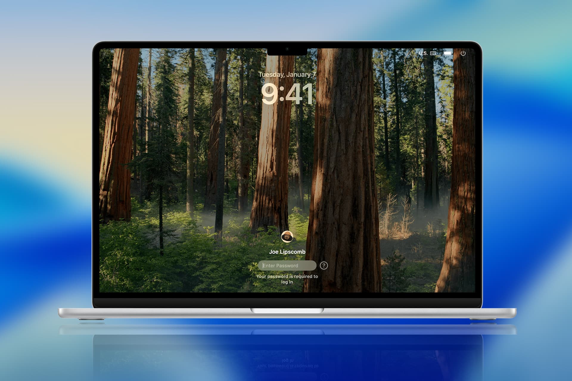 A laptop screen displays a Mac Password Reset login page with a forest background, showing tall trees and greenery. The time reads 9:41, and a profile icon with "Joel Lipccombe" and a password prompt are visible.