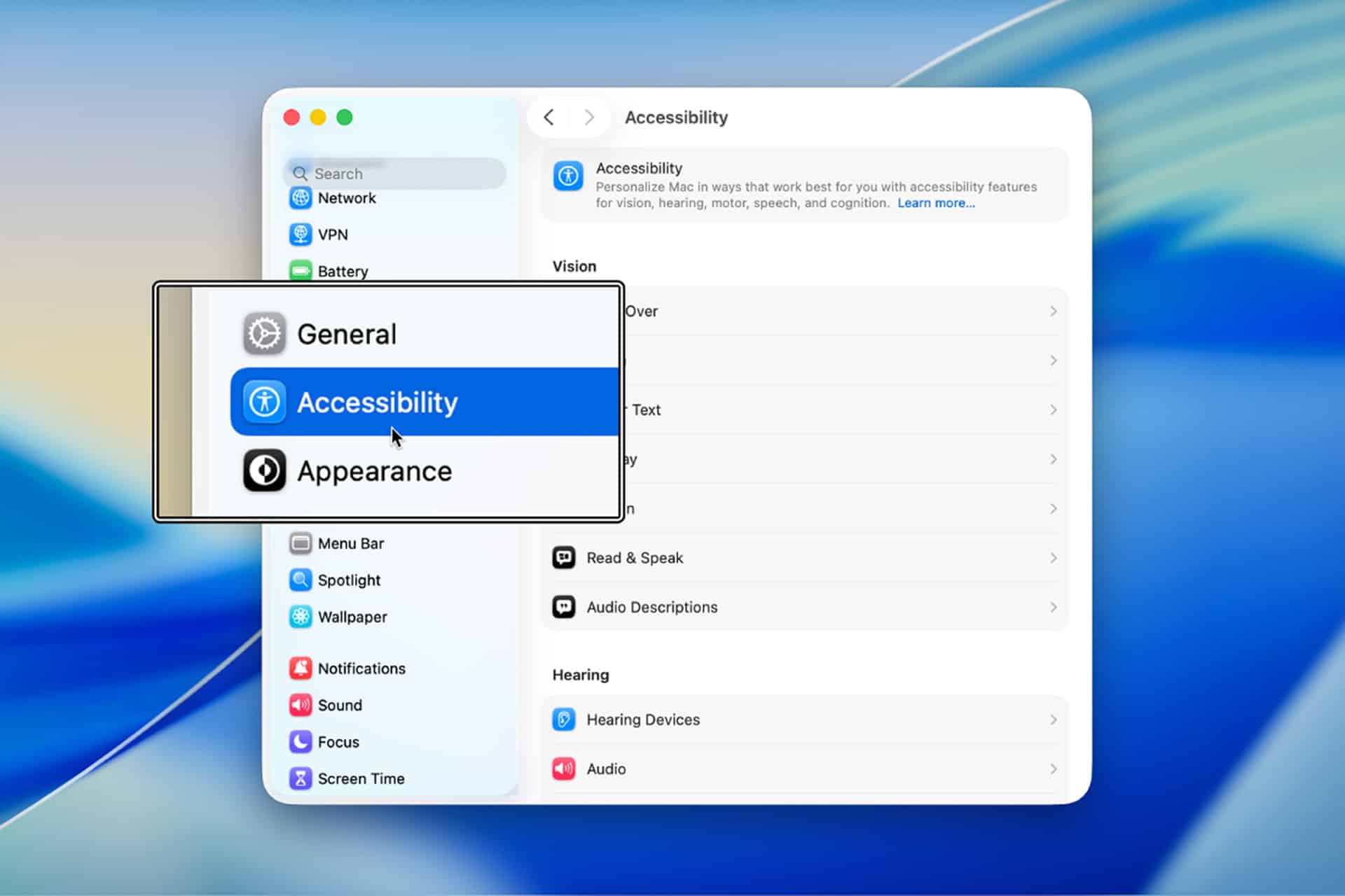 A computer screen shows the Accessibility settings menu open, with a dropdown highlighting “Accessibility” between “General” and “Appearance.” The menu includes options like MacBook Screen Zoom, with a cursor pointing at the selection.