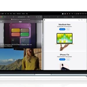 A laptop using Mac Split Screen shows two browsers: the left displays an article on iPhone screenshots, while the right reveals Apple product pages for the MacBook Neo and iPhone 17e.