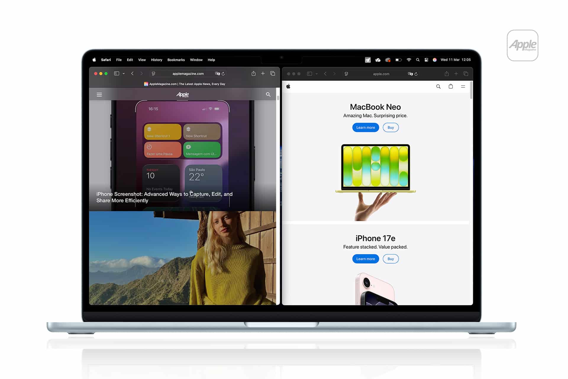 A laptop using Mac Split Screen shows two browsers: the left displays an article on iPhone screenshots, while the right reveals Apple product pages for the MacBook Neo and iPhone 17e.