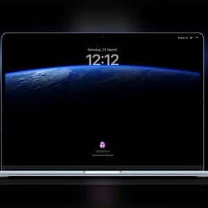 A MacBook displays a lock screen showing the time 12:12 and the date Monday, 23 March, with an image of Earth from space as the wallpaper. The Apple logo is visible in the lower right corner, hinting at minimal Mac startup apps running in the background.
