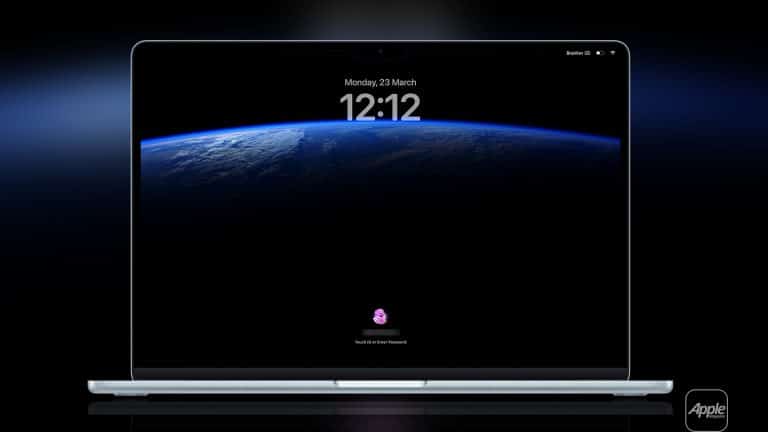 A MacBook displays a lock screen showing the time 12:12 and the date Monday, 23 March, with an image of Earth from space as the wallpaper. The Apple logo is visible in the lower right corner, hinting at minimal Mac startup apps running in the background.