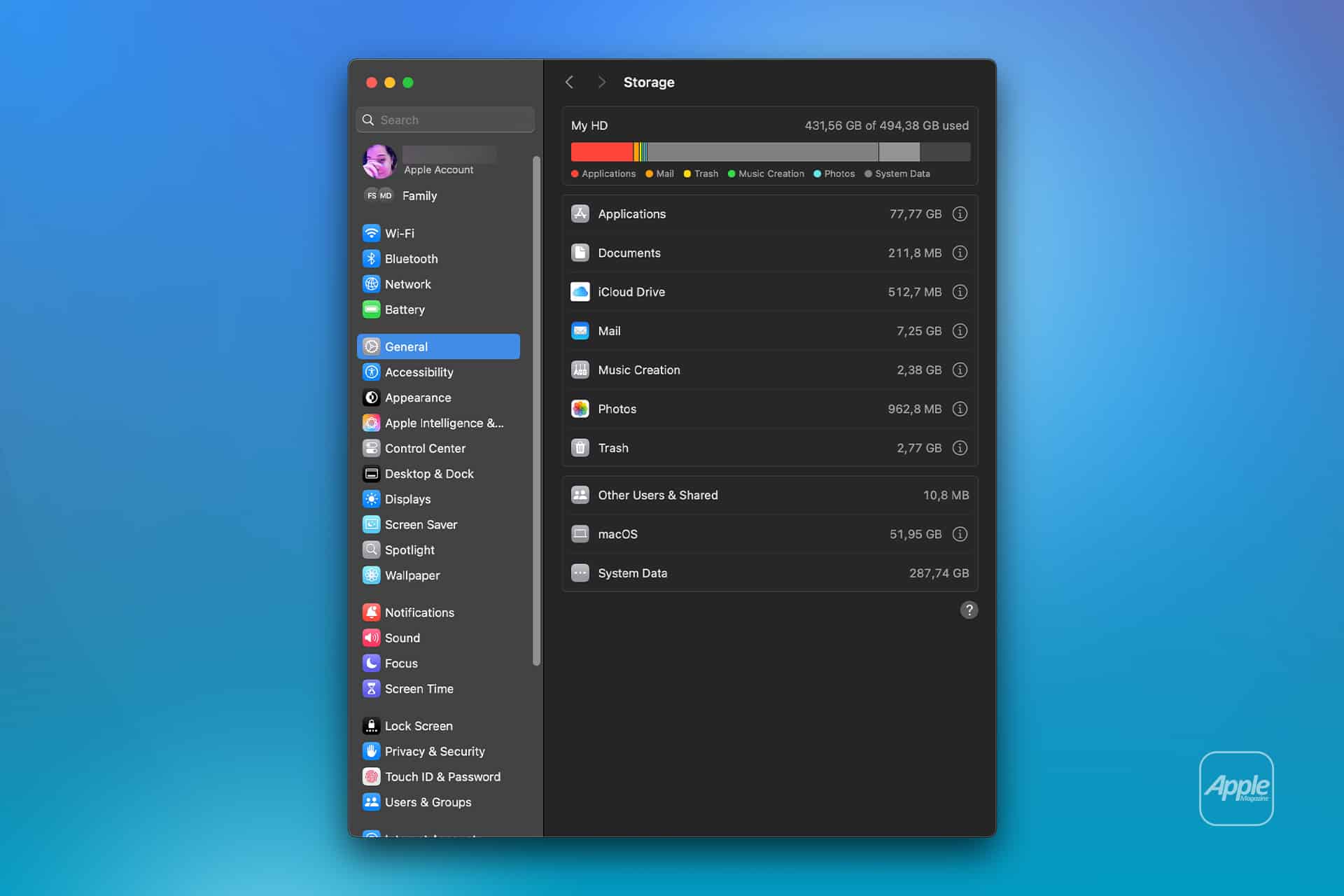 A MacOS Storage window showing disk space usage by Applications, Documents, iCloud Drive offline, Mail, Music Creation, Photos, Trash, Other Users & Shared, macOS, and System Data on a blue gradient background with an Apple logo.